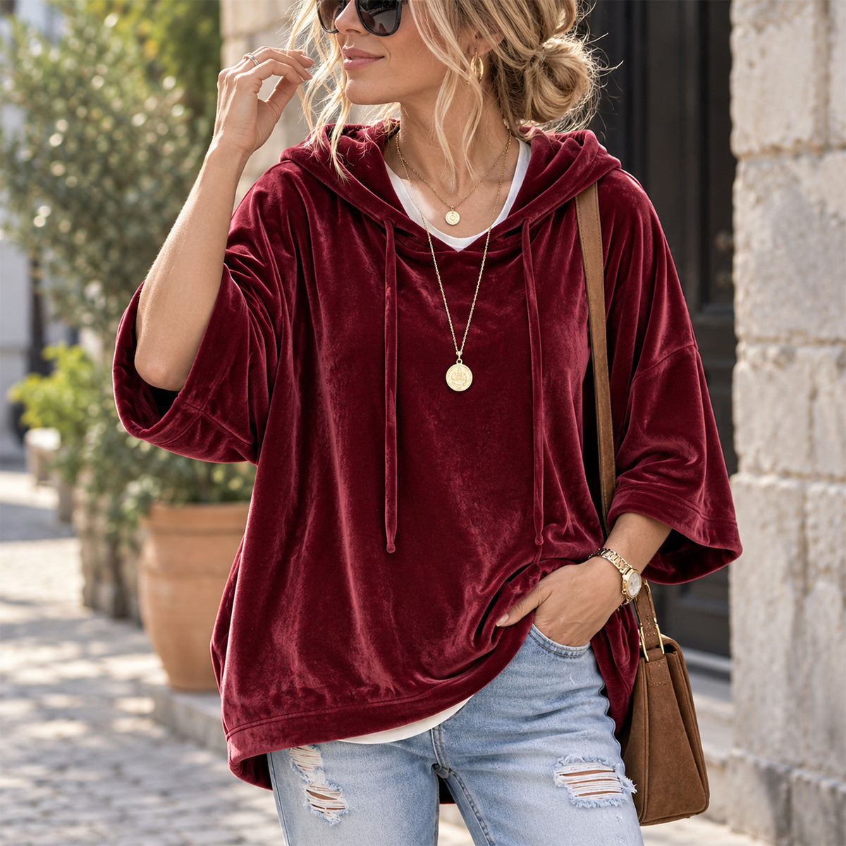 🔥 LAST DAY SALE –Women's Velour Oversized Hoodie 3/4 Sleeve