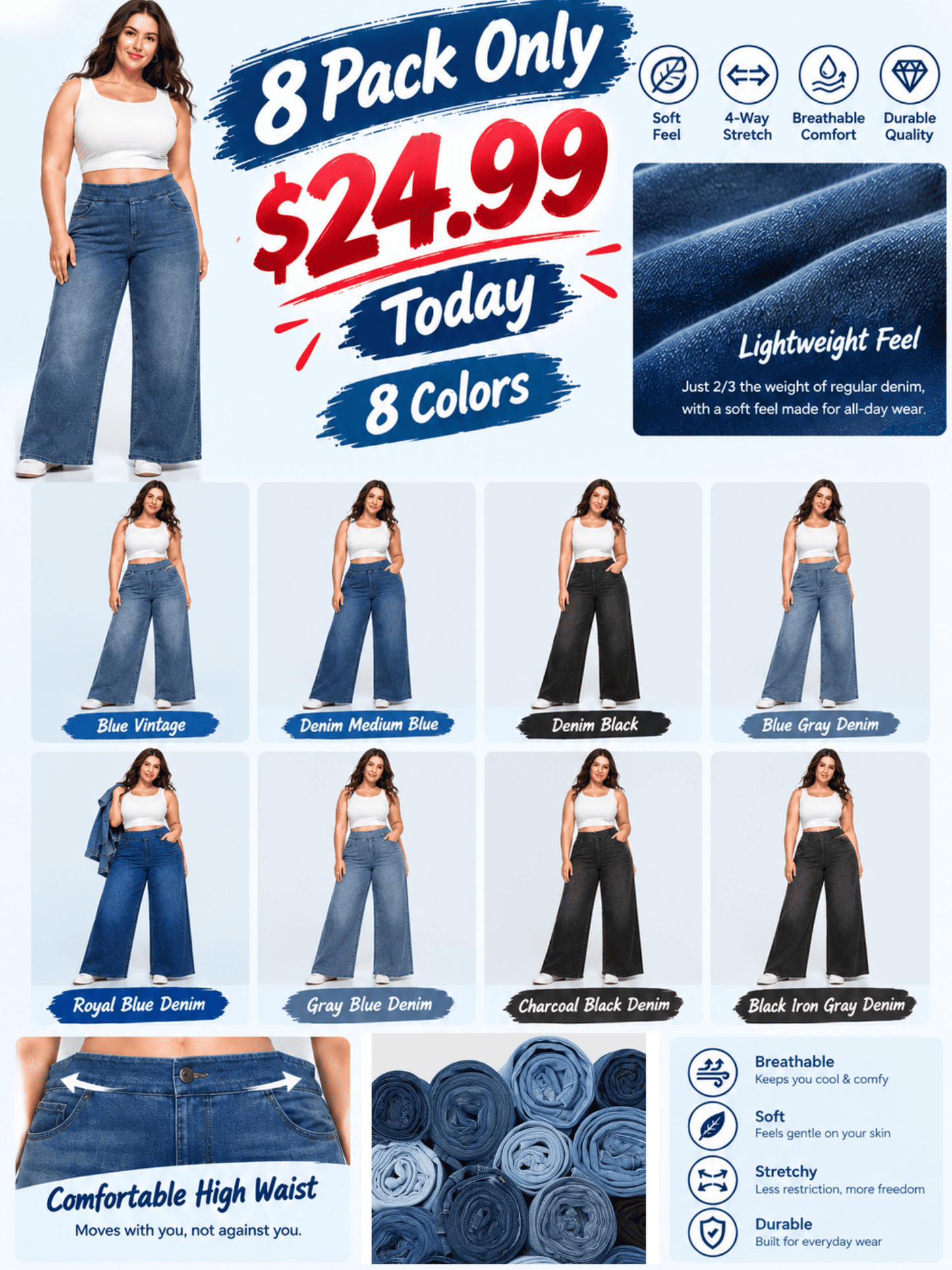 🔥 MAJOR SALE-Stretchy Pull-On Wide-Leg Knit Jeans